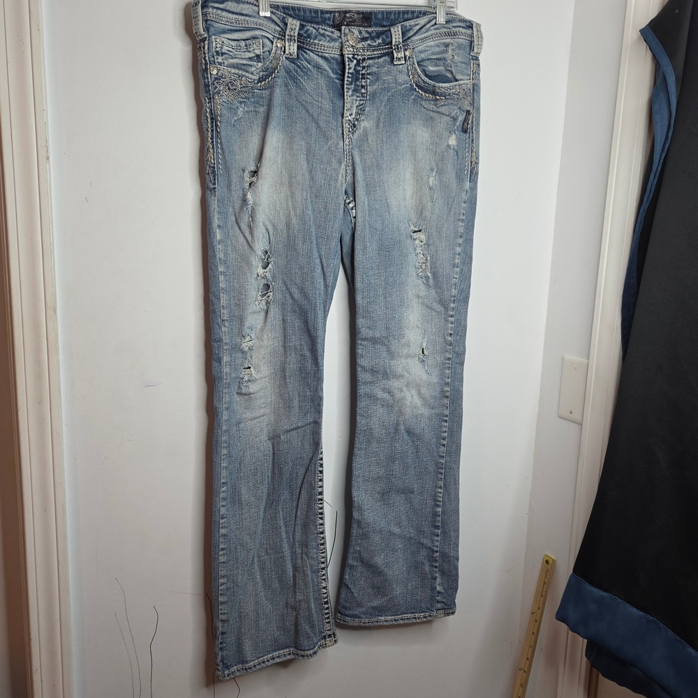Silver Jeans Co Aiko Mid Rise Bootcut Distressed Embroidered Jeans Blue Sz 16/31